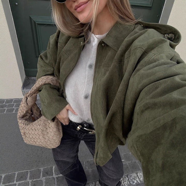 Dame oversized jakke lavet af blød ruskind imitation Stilla