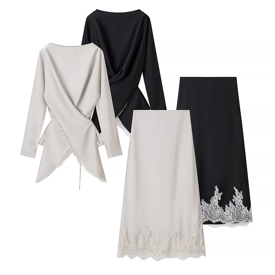 Dame elegant indviklet bluse med spidsbesætning og matchende nederdel Skovae
