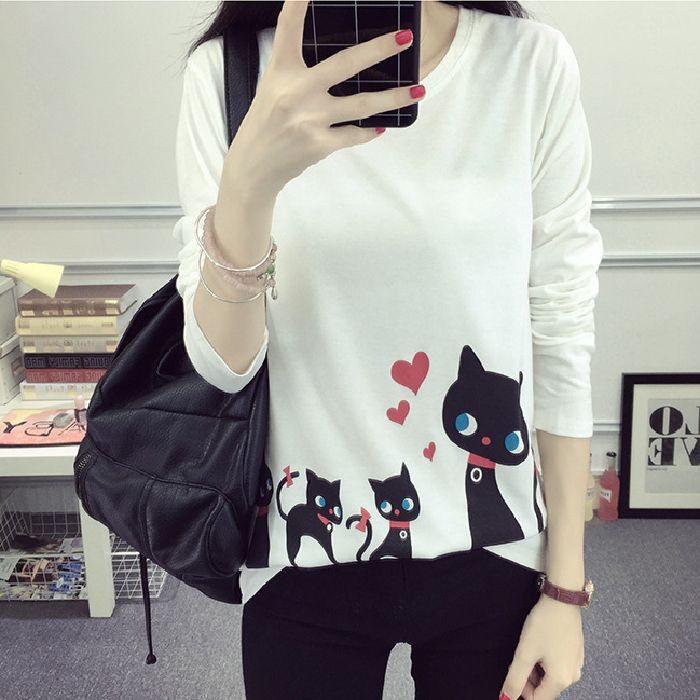 Kvinders langærmet T-shirt med kreativ katte-design Skovae