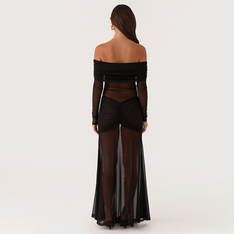 Damer gennemsigtigt maxikjole med off-shoulder design og flæser Skovae