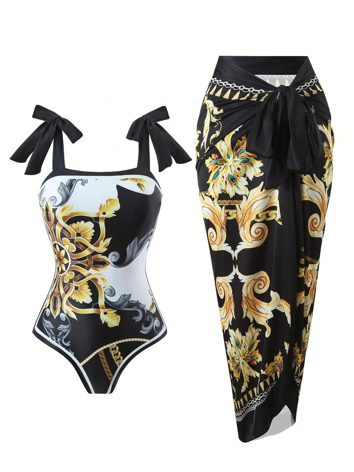 Damer Elegant badedragt med florale accenter og fashionable sarong Skovae