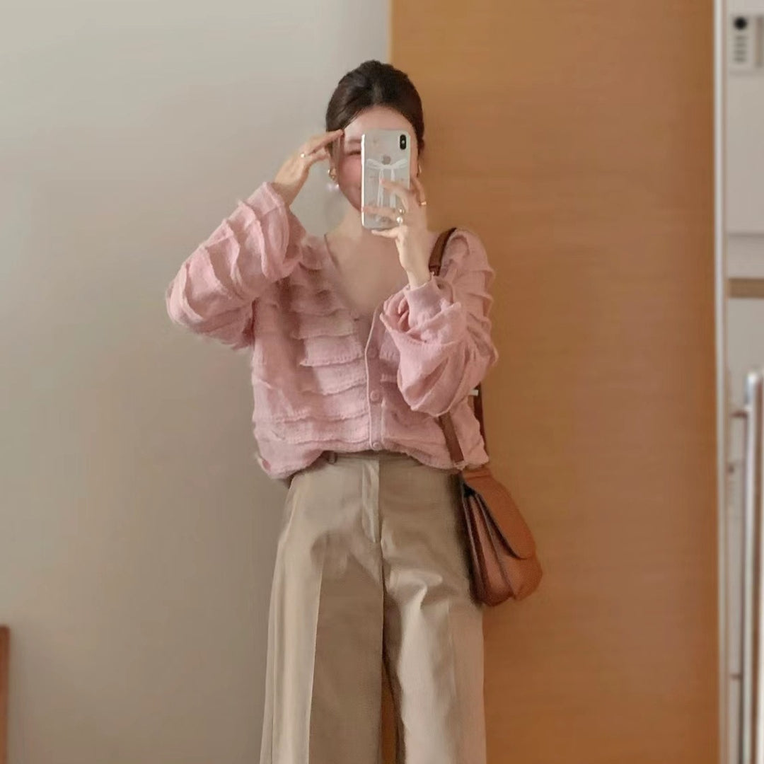 Kvinders cardigan med voluminøse flæse detaljer Stilla