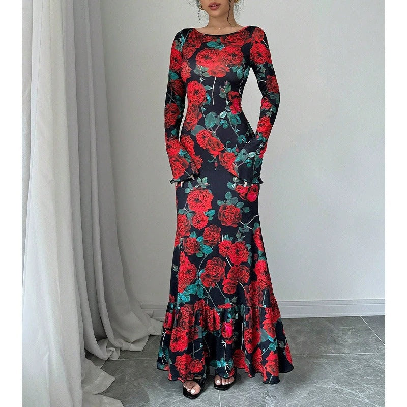 Kvinder Elegant Maxi Kjole med Blomster Rynke Detaljer og Lange Ærmer Stilla