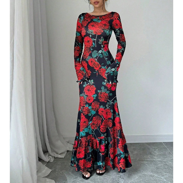 Kvinder Elegant Maxi Kjole med Blomster Rynke Detaljer og Lange Ærmer Stilla