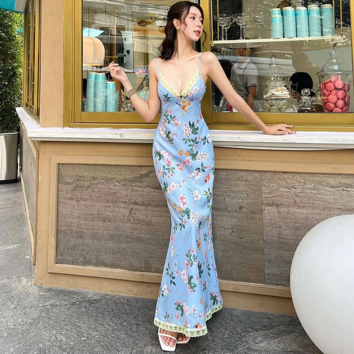 Dame Maxikjole med blomsterdesign og fine spaghetti-stropper Stilla