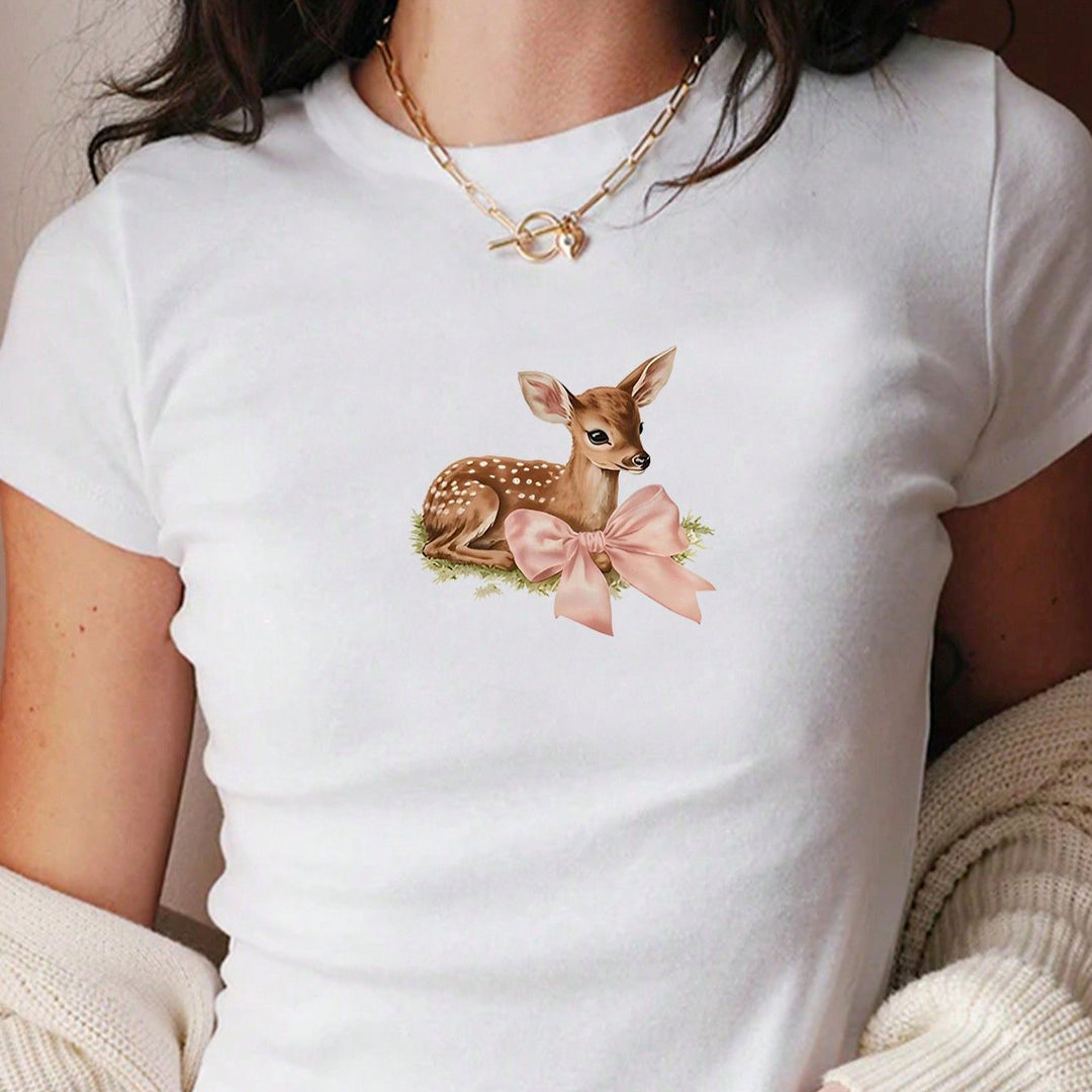 Dame Crop-T-shirt med charmerende rådyr-motiv og skrøbeligt bånddetalje Skovae