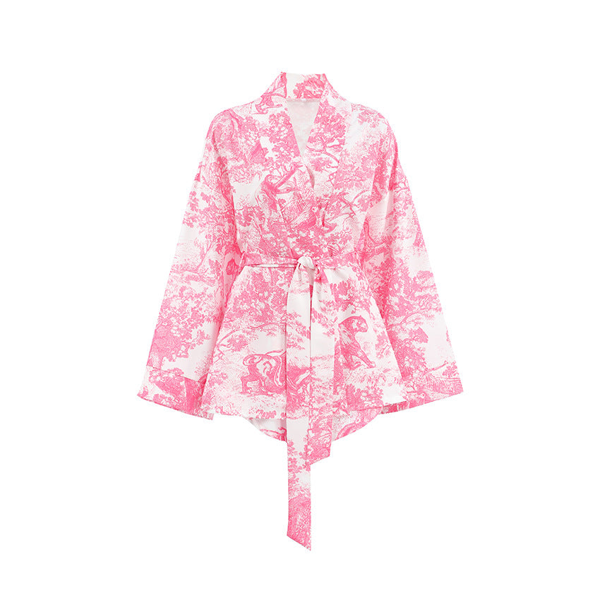Dame Kimono-inspireret Loungewear-sæt med elastisk talje og raffinerede detaljer Stilla