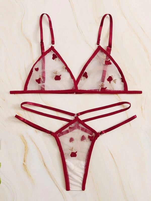 Dame Blomsterbroderi Mesh Bralette og String Sæt Stilla
