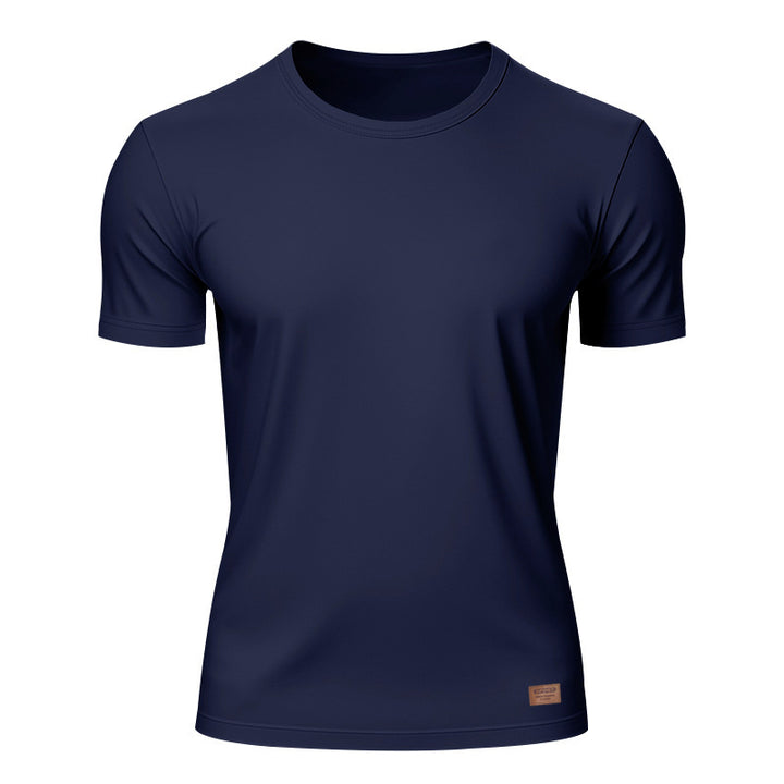 Herrer nan slankt Rundhals-T-shirt i glat stretchjersey med diskret læder-logoapplikation Skovae