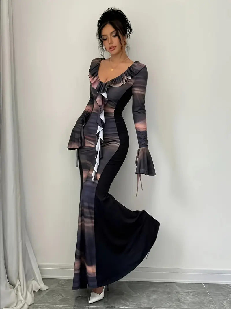 Dame Elegant Maxi-kjole med flæser og farveforløb Stilla