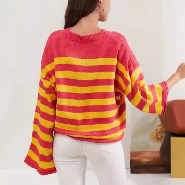 Dame Modish Crop-Sweater med fluffy blomsterdesign og stribet design Stilla
