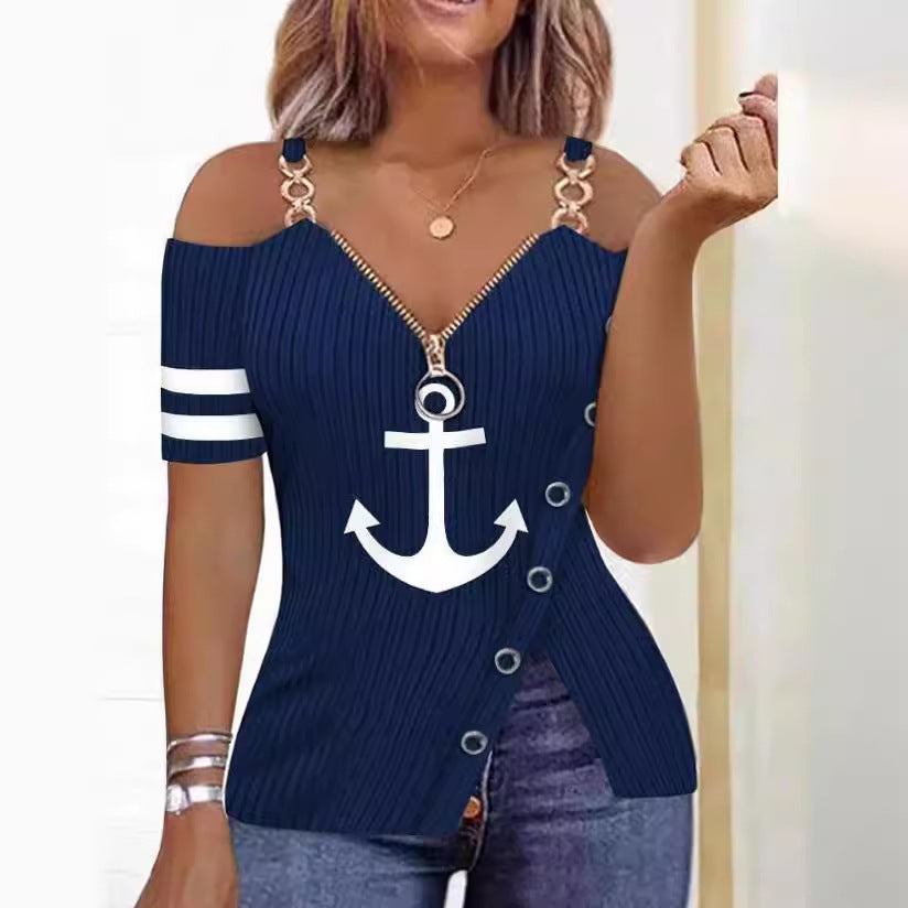 Dame Off-Shoulder Top med maritimt motiv og dekorative knapper Skovae