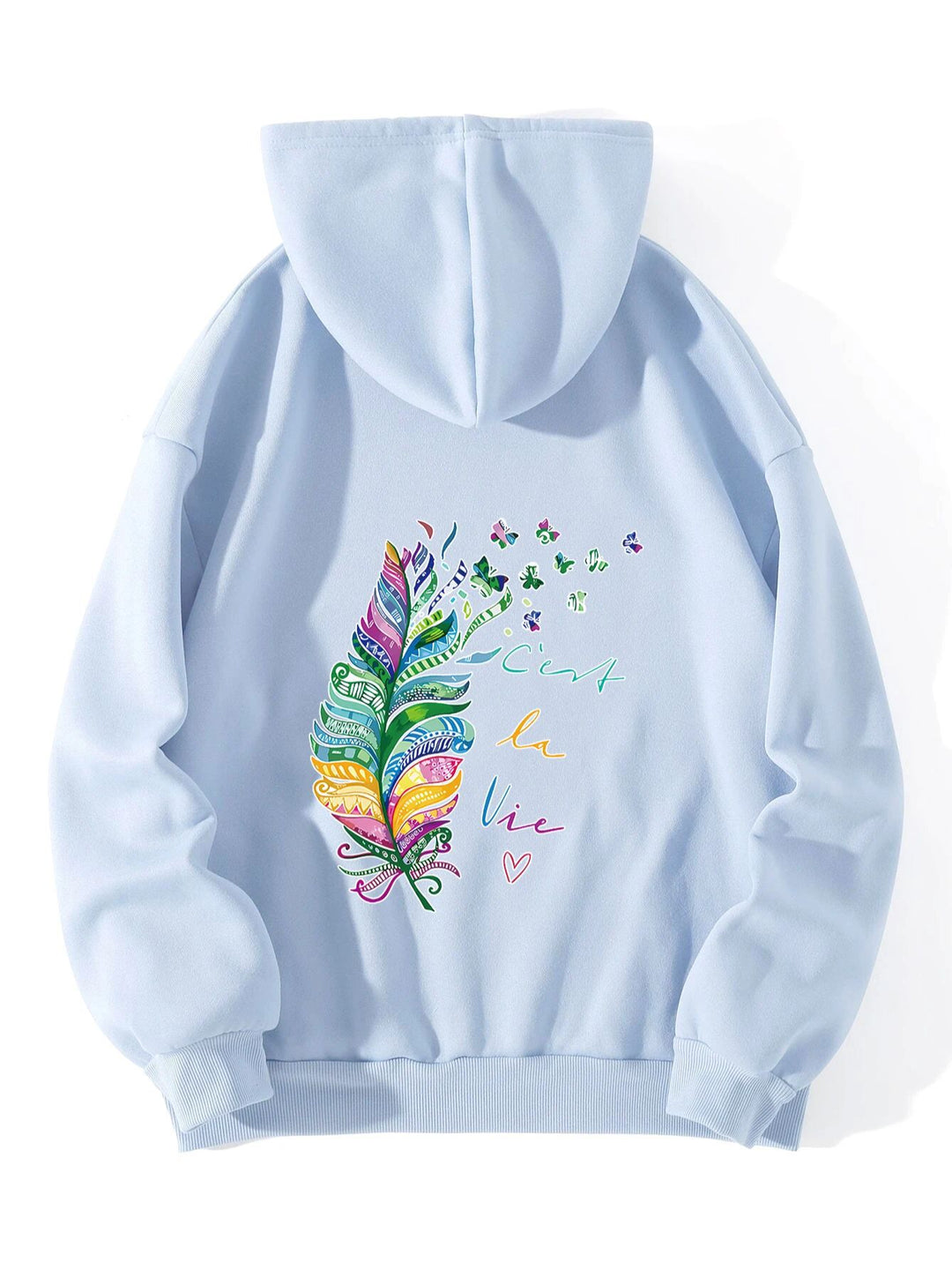 Kvinders casual hoodie med farverigt fjerdesign og inspirerende tekst Stilla