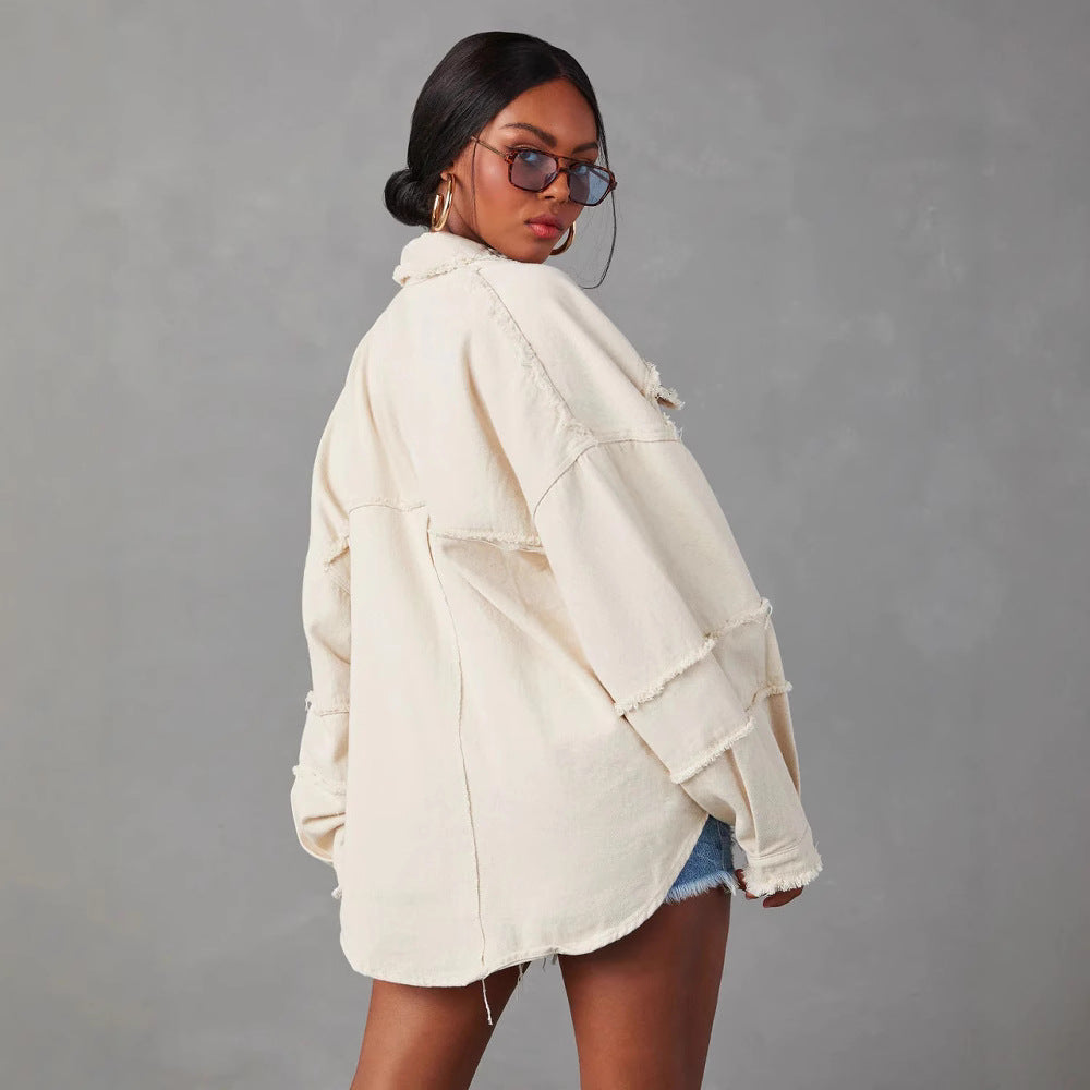 Dame Oversized Denim Skjorte med Frynser og Lommer Stilla