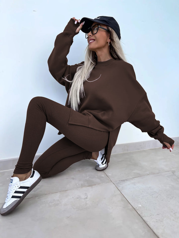Kvinders afslappede sportslounge sæt med løs sweatshirt og figursyet leggings Skovae
