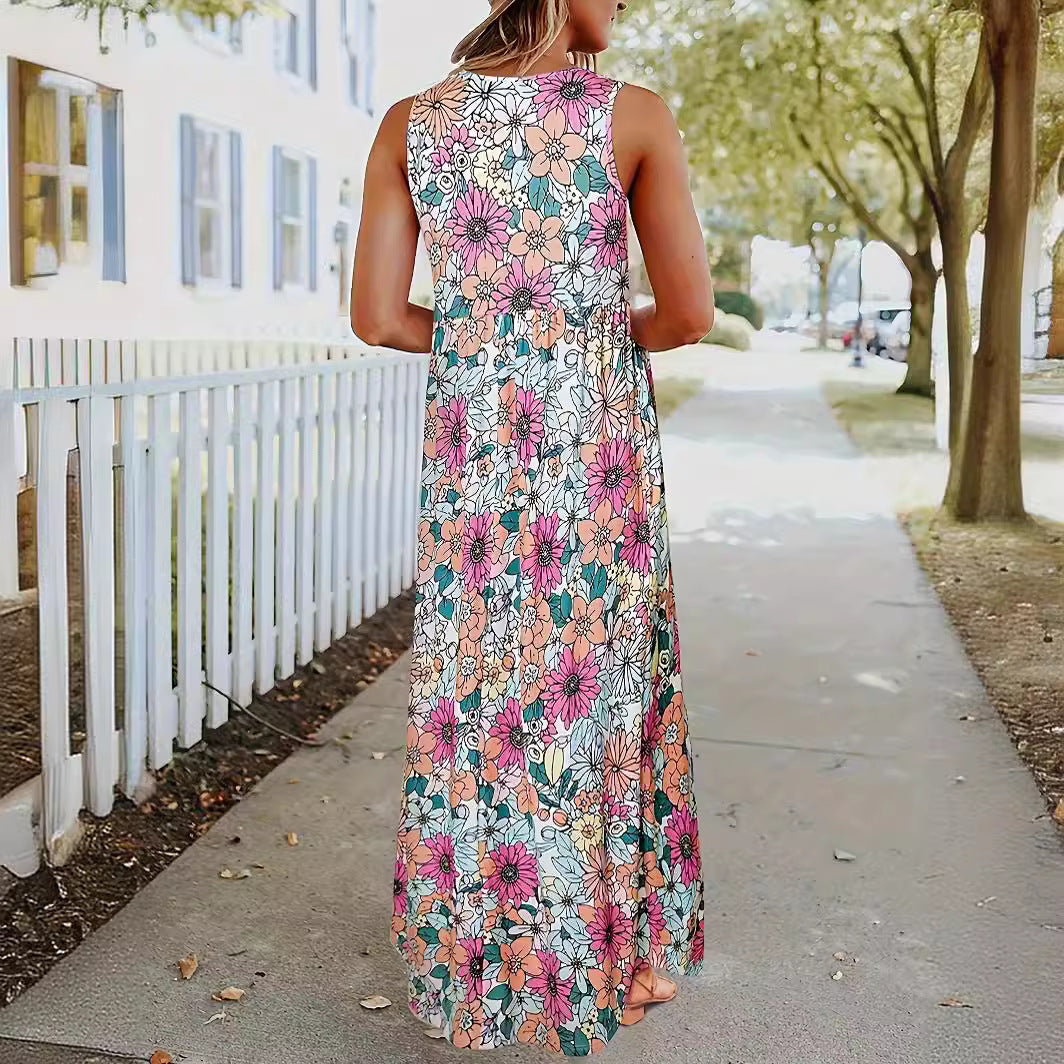 Dame maxikjole med blomsterprint og praktiske lommer Stilla