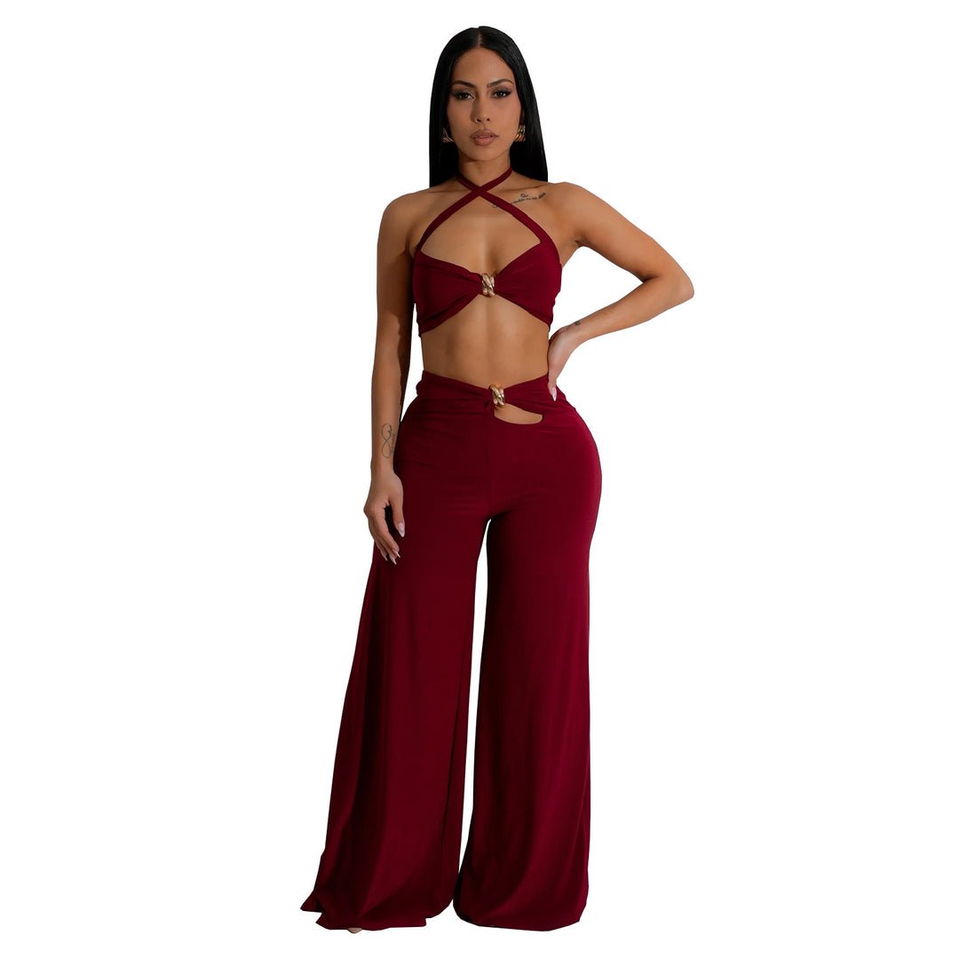 Dame Sexy Cut-Out To-delt Sæt med Cropped Top og Bredbukser Stilla