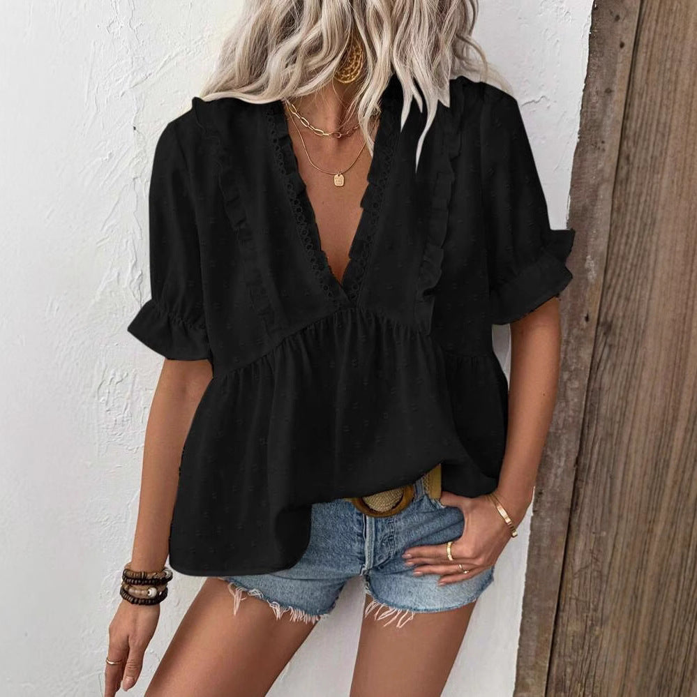 Dame elegant bluse med flæse detaljer Stilla