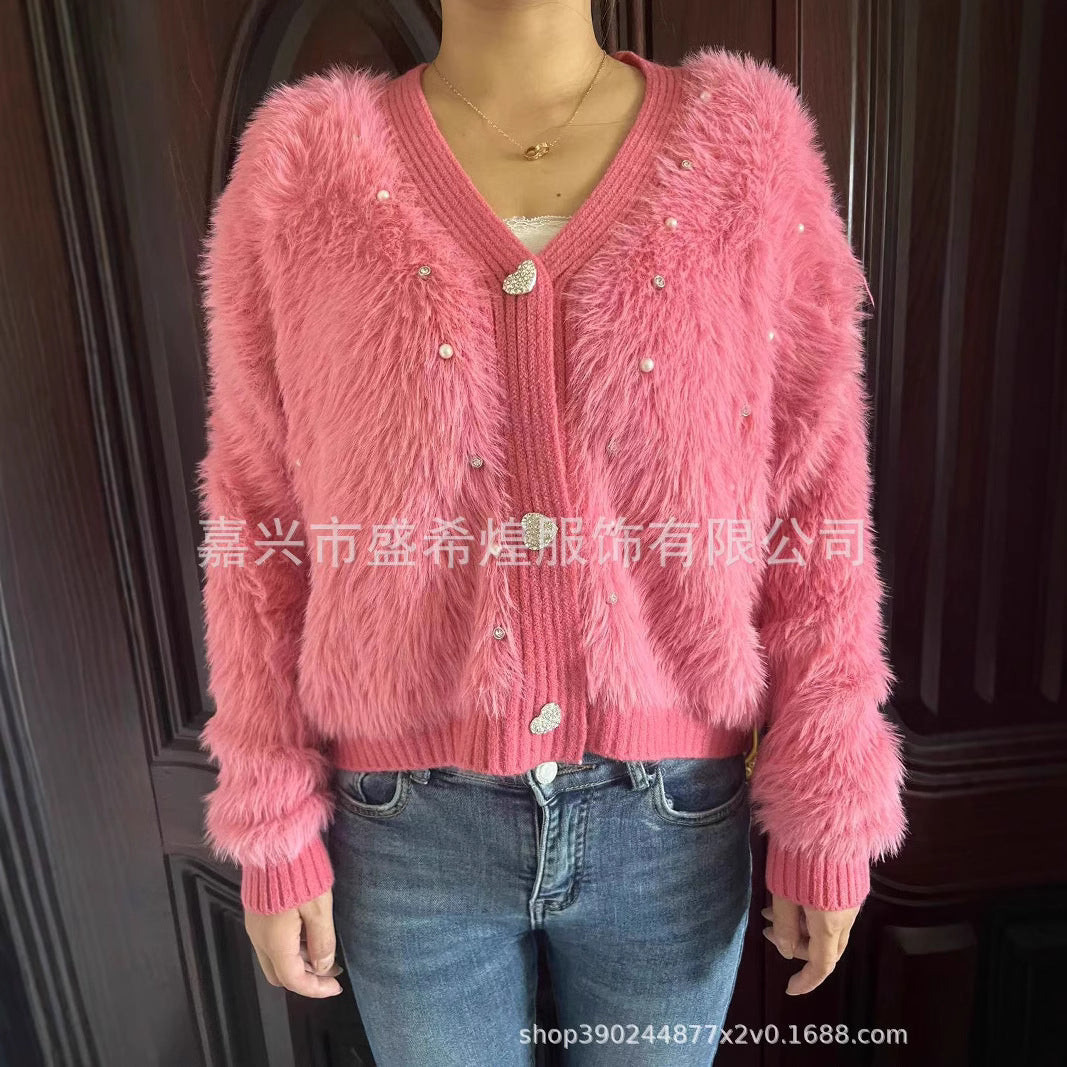 Kvinders fluffy cardigan med glitrende detaljer og moderne snit Stilla