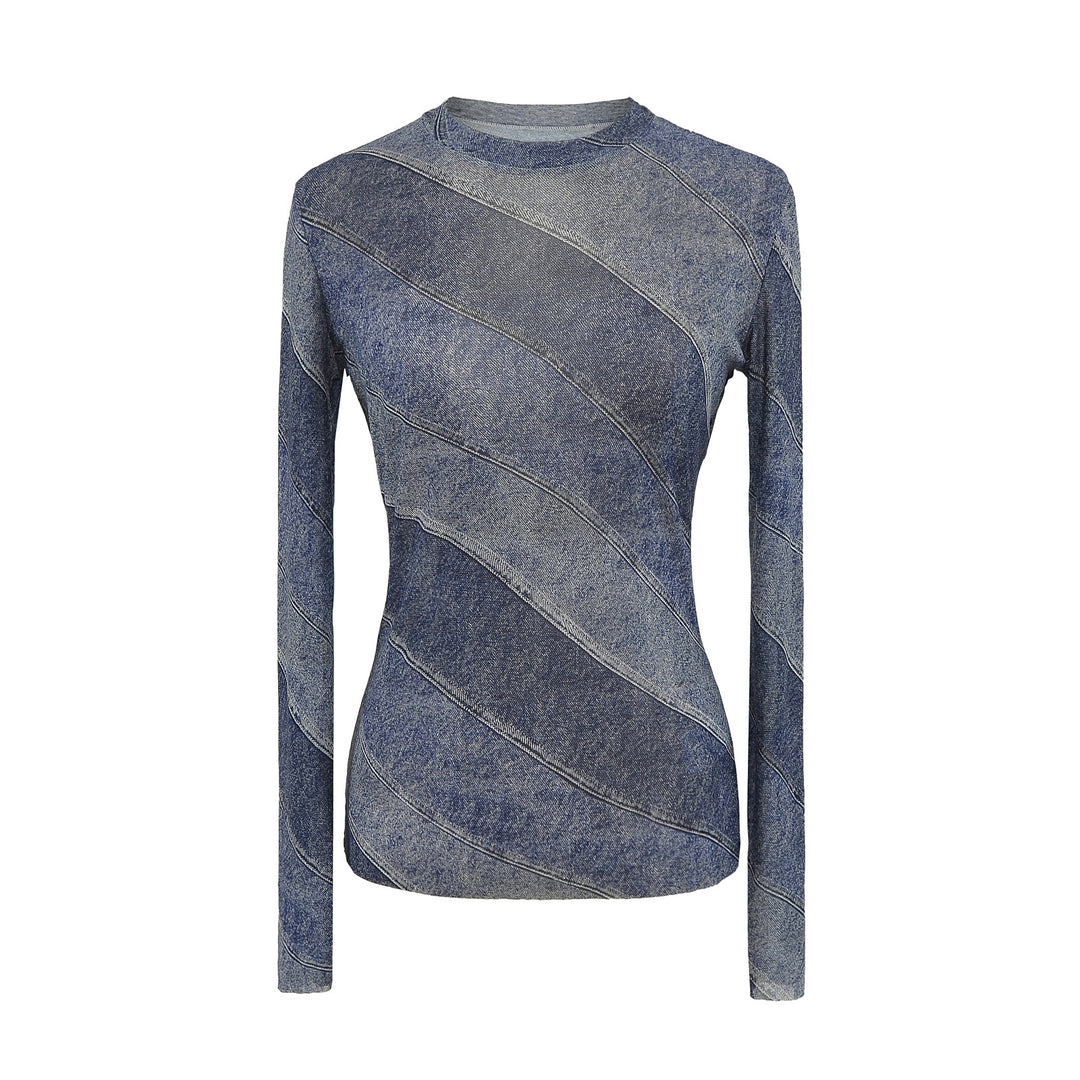 Dame Langærmet skjorte med modet Denim-design og raffinerede diagonale mønstre Stilla