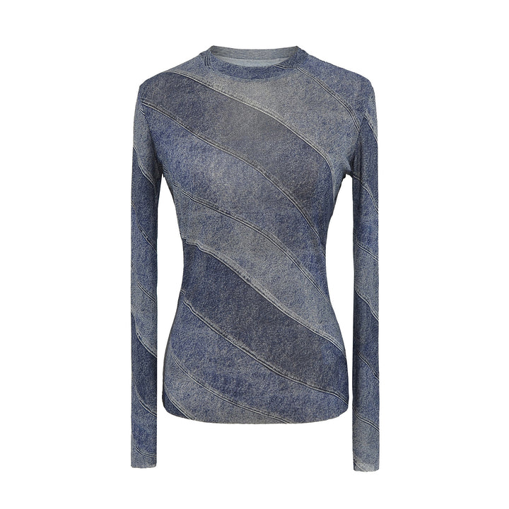 Dame Langærmet skjorte med modet Denim-design og raffinerede diagonale mønstre Stilla