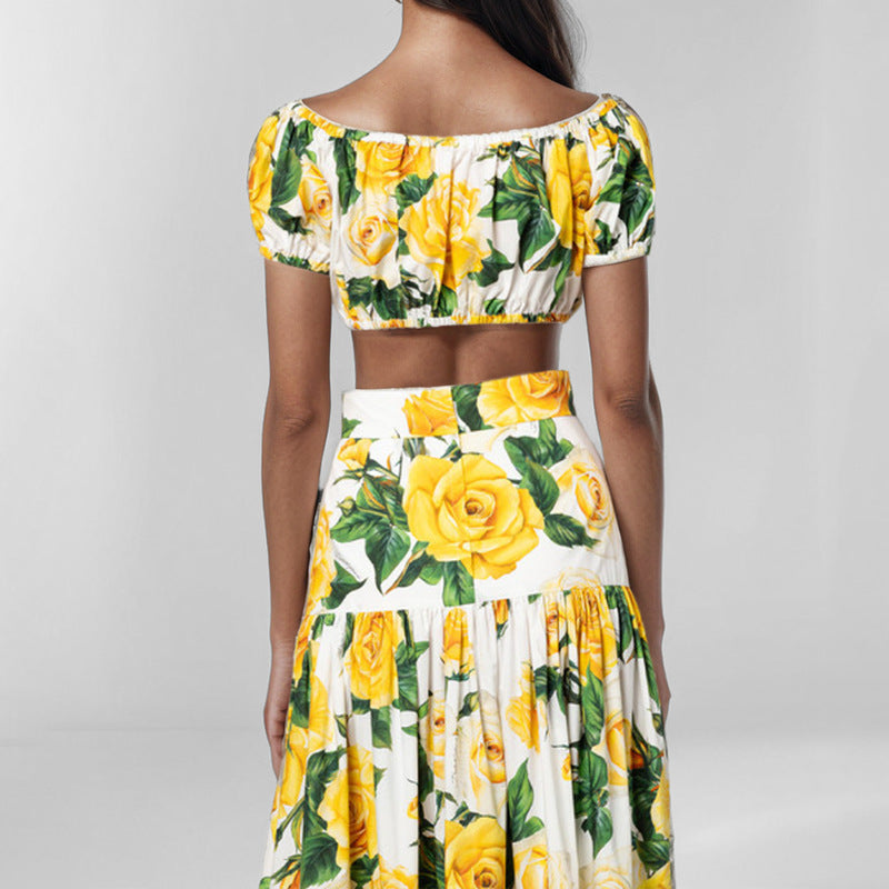 Dame To-delt Blomster-Sæt med let Crop-Top og voluminøs Nederdel Stilla
