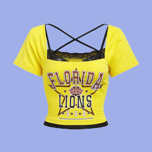 Dame cropped T-shirt med dekorativ ryg og kreativ grafiktryk Stilla