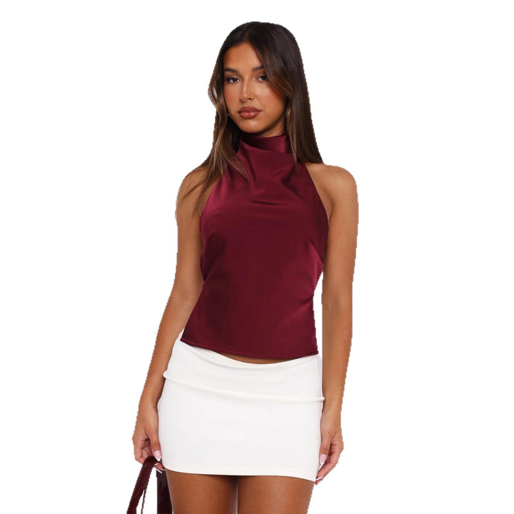 Dame Elegant Højhalset Top i Satin Skovae