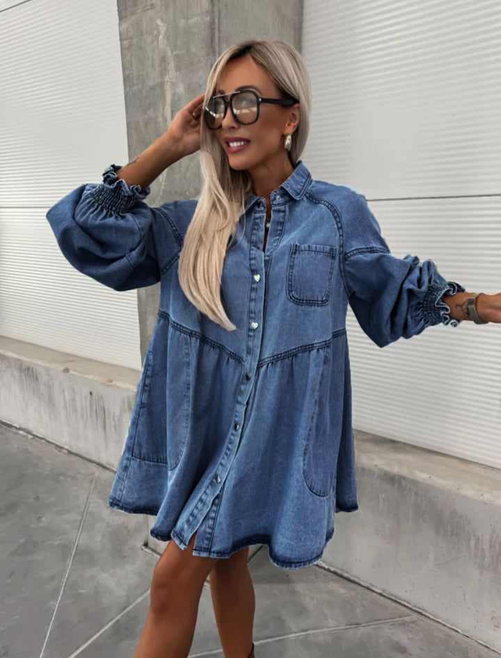 Kvindernes denim skjorte kjole med voluminøse ærmer Stilla