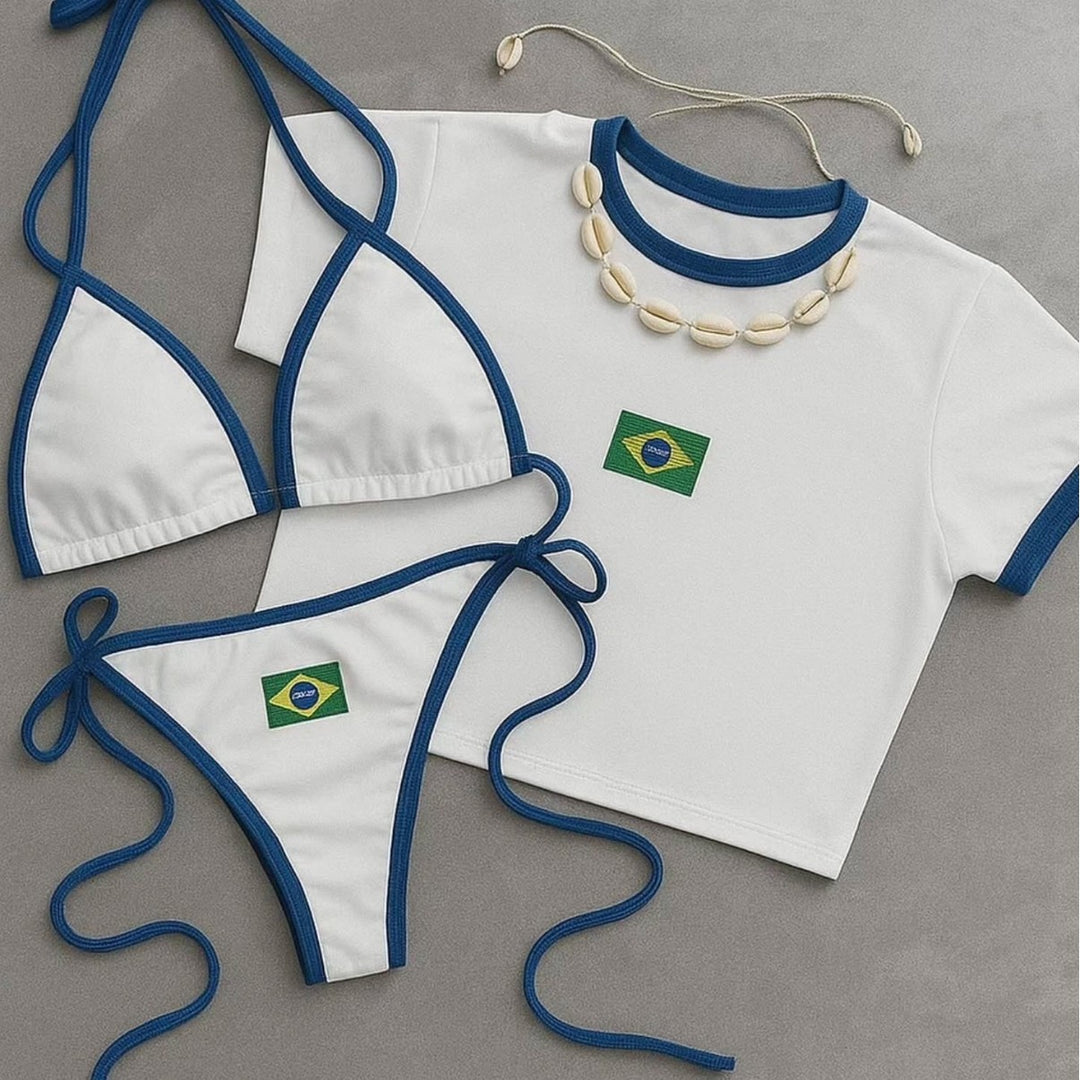 Dame bikini-sæt med sporty crop top og trendy Brasilien-flag design skovae