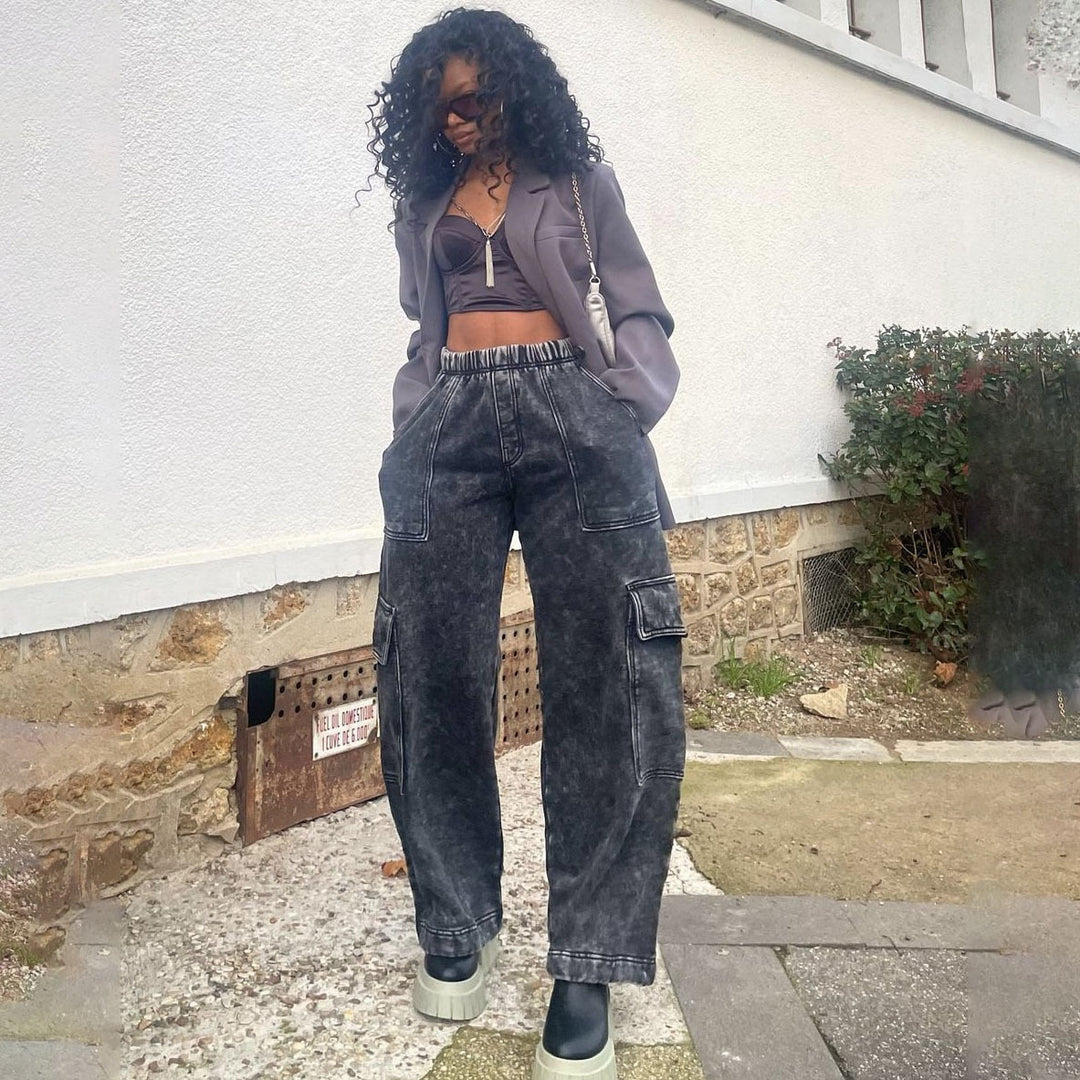 Kvinder Casual Cargo Jeans med Bred Snit Stilla