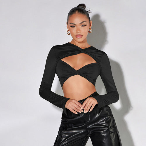 Dame Crop Top med sofistikerede drapering detaljer og lange ærmer Stilla