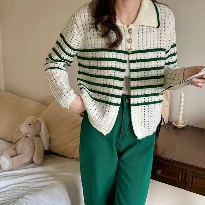 Femme Stribet Hæklede Strik-Cardigan Stilla
