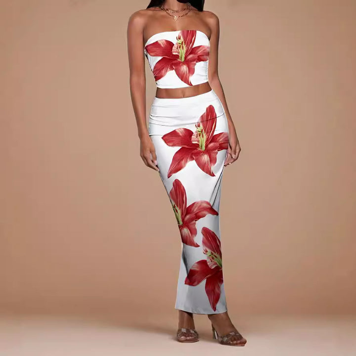 Dame blomsterprint crop top og maxiskørt sæt Stilla