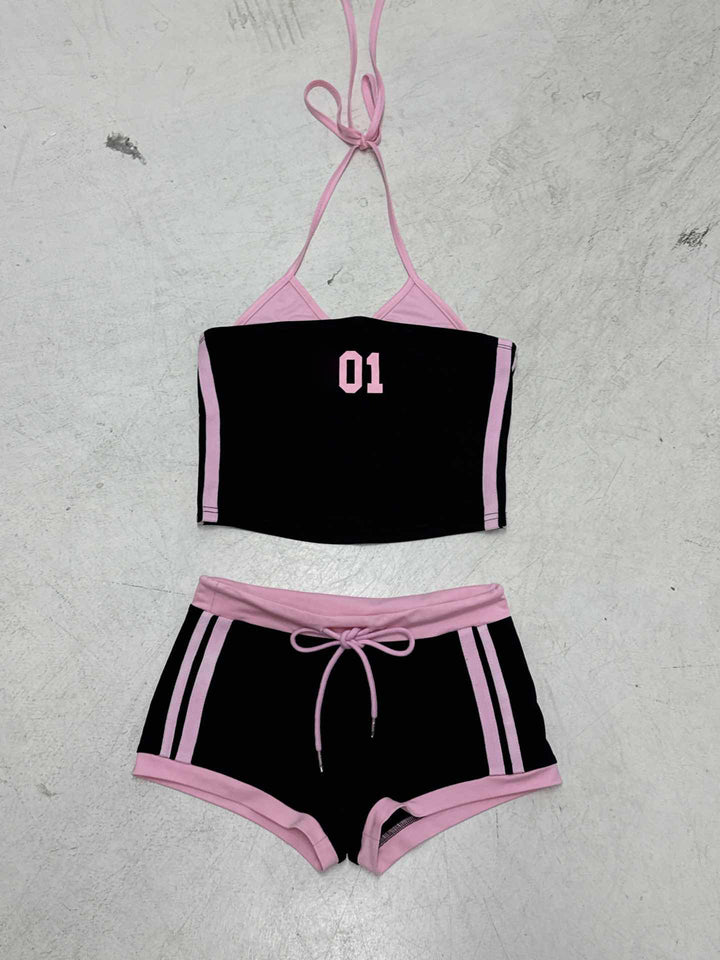 Dame sporty Crop-Top og shorts sæt med dekorerende bånd Skovae