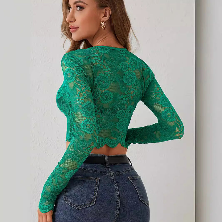 Dame nan kort skåret floralt blonde-crop-top med rund halsudskæring, lange ærmer og bølget kant Skovae