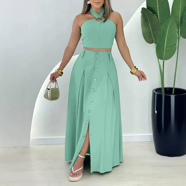 Dame elegant crop top og maxiskørt sæt med knaplukning og slids Skovae