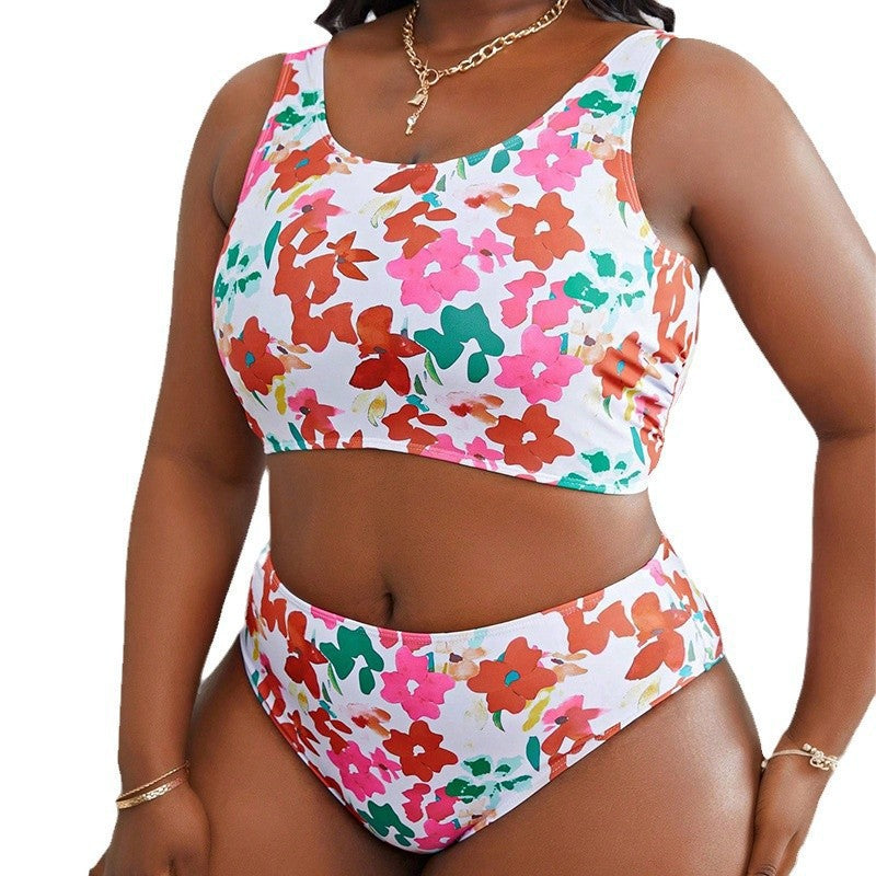 Dame-Bikini-sæt med blomsterøverdel og højt skåret slip Skovae