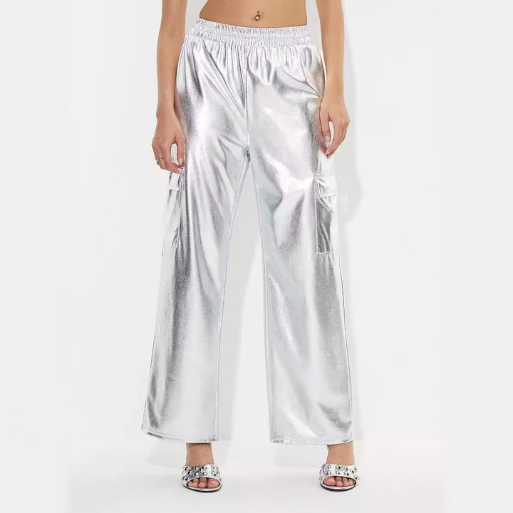 Kvinders cargo bukser i skinnende metallic look med elastisk talje Stilla
