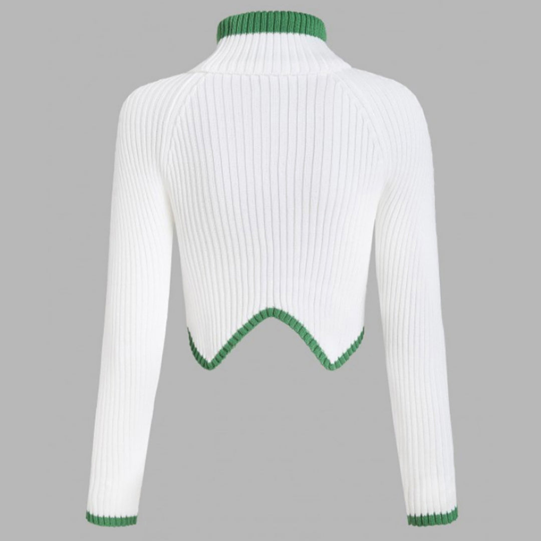 Dame cropped strikpullover med høj krave og kontrastkant Stilla