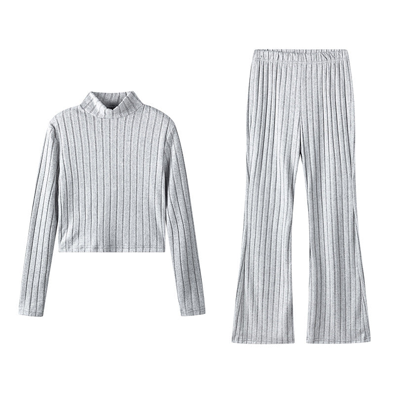 Dame Ribbstrik Turtleneck Pullover og udskåret bukser sæt Stilla