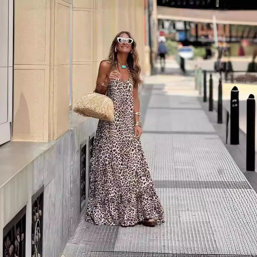 Dame Maxikjole med elegant leopardmønster og fransk kantnederdel Stilla