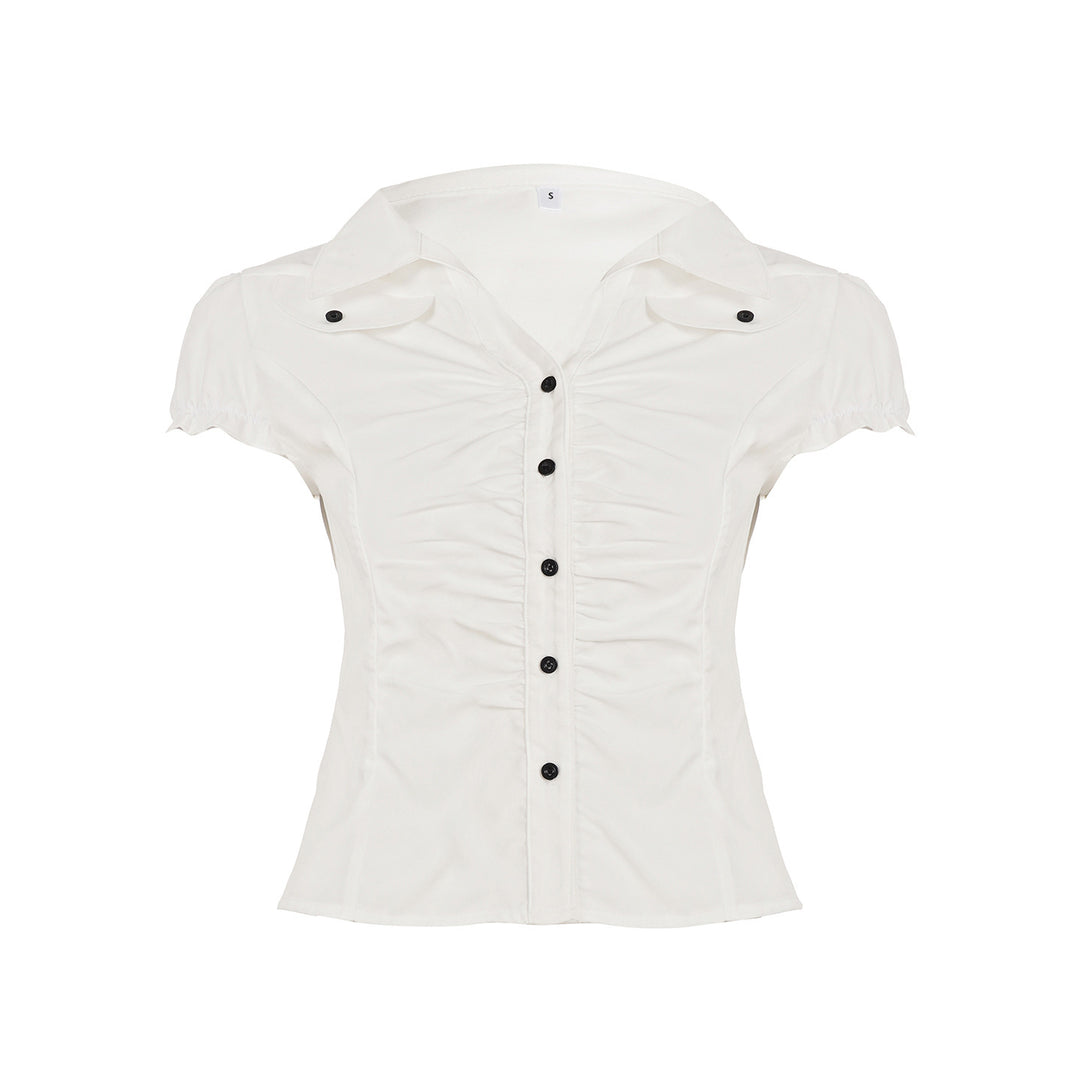 Dame figursyet blusshirt med elegante flæsedetaljer og knaplukning Skovae