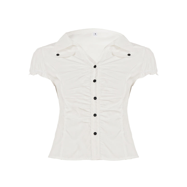 Dame figursyet blusshirt med elegante flæsedetaljer og knaplukning Skovae