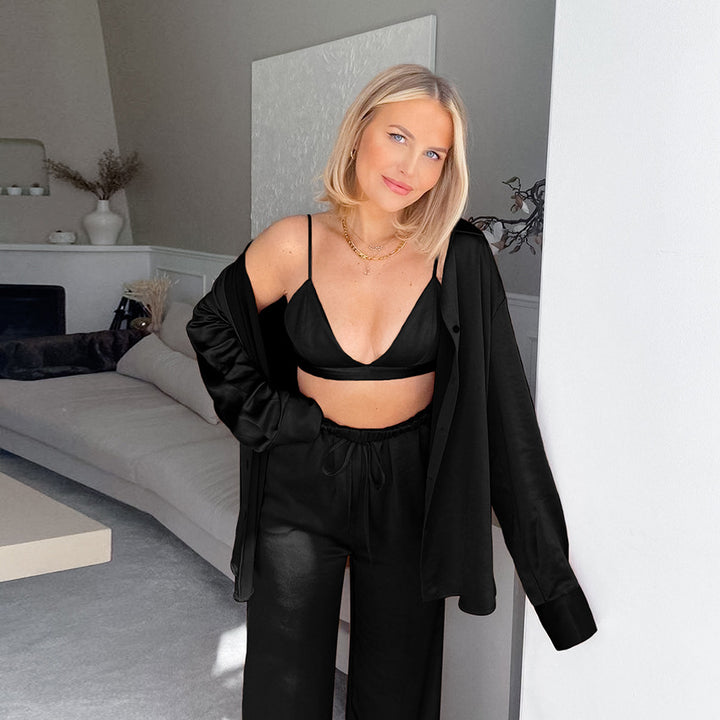 Dame satinere Loungewear-kombination af BH og vide bukser Stilla