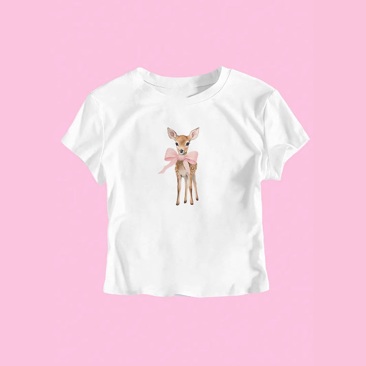Dame T-shirt med sødt rådyrmotiv og farverig tryk Skovae