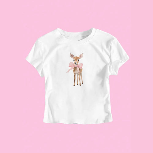 Dame T-shirt med sødt rådyrmotiv og farverig tryk Skovae
