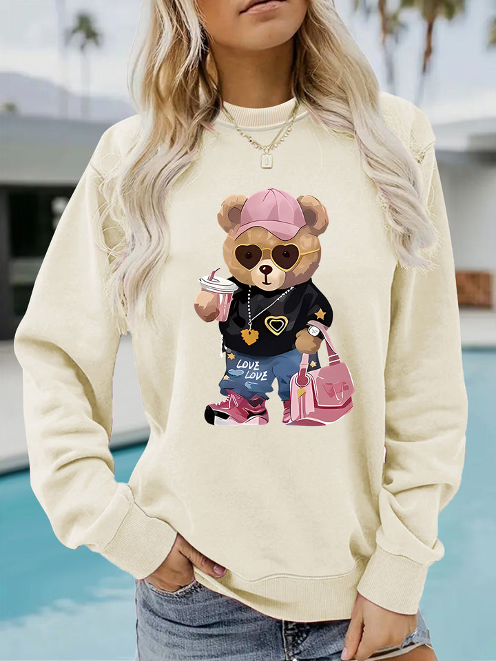 Kvinders sweatshirt med unikt tegneserie-bjørn design og trendy tekst Stilla