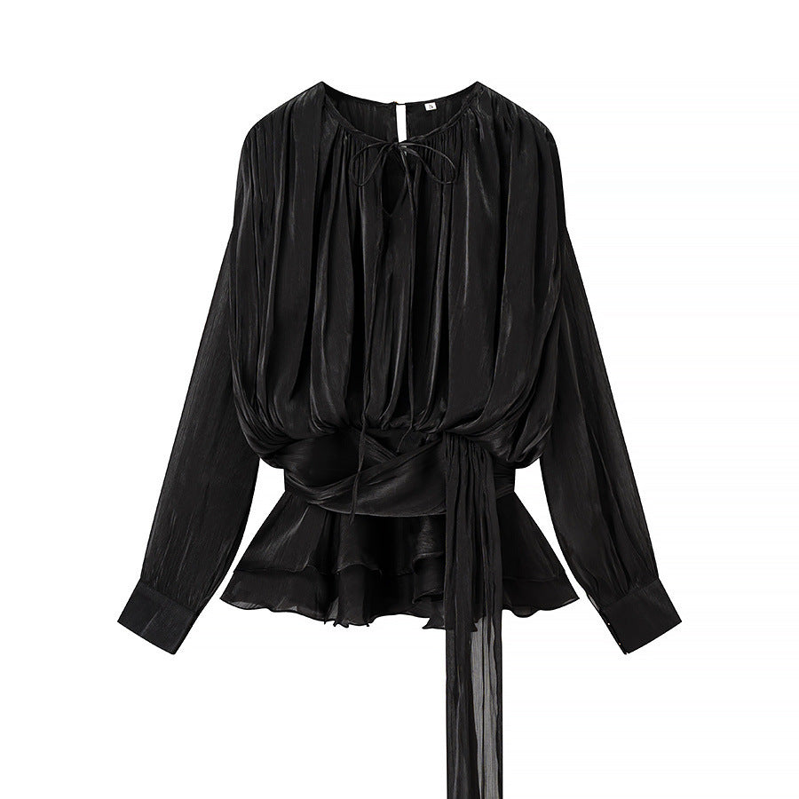 Dame Elegant Bluse med Rynker og Bundet Bælte Stilla