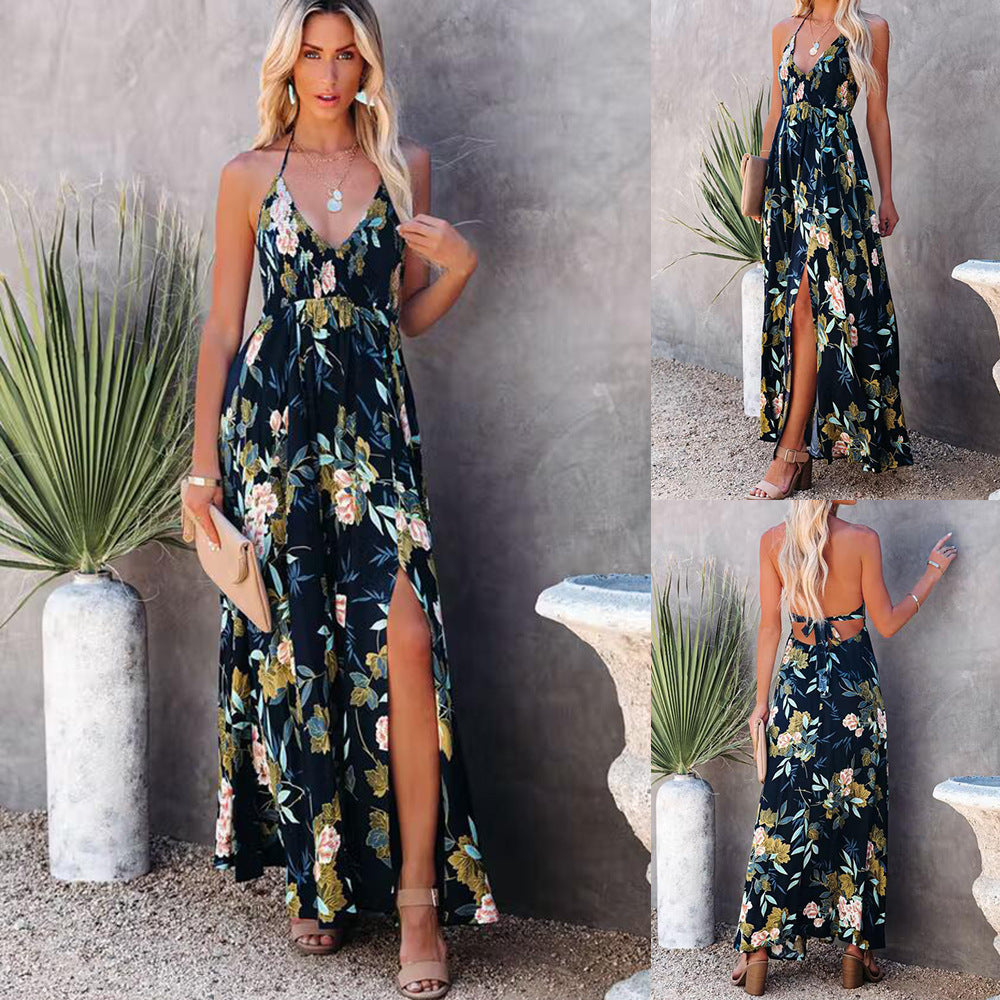 Dame Floral Halsbånd Maxi Kjole med Sidet slit Stilla